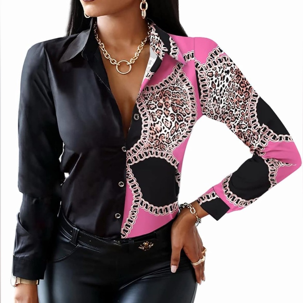 Black and Pink Patterned Button Down Shirt